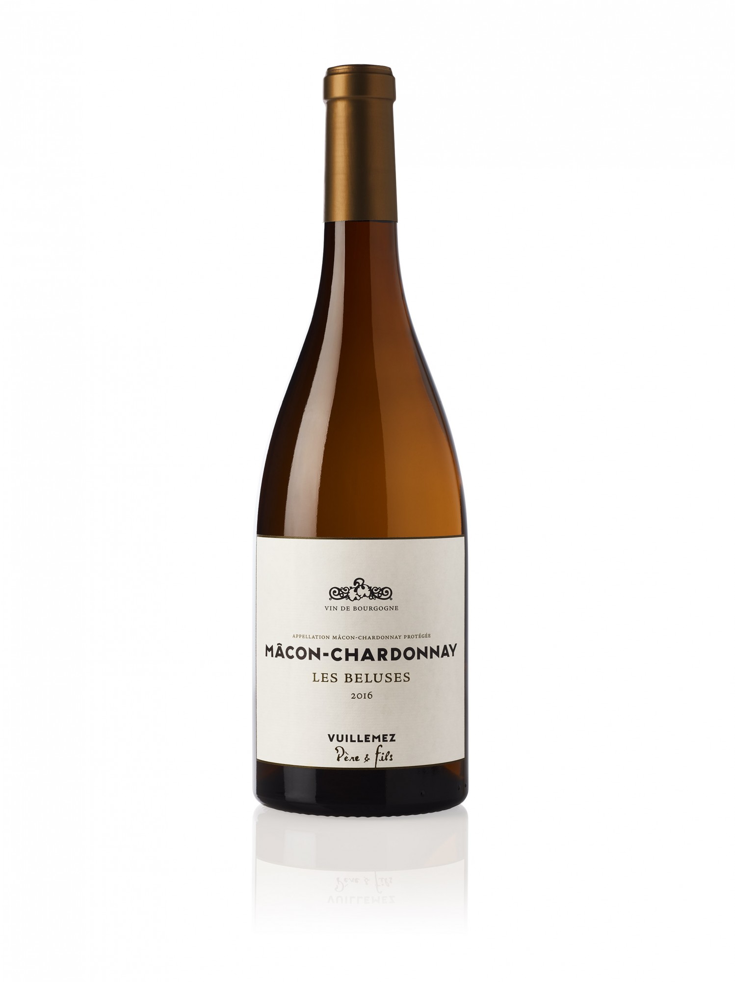 Packshot d'une bouteille de vin blanc Mâcon Chardonnay Vuillemez par Julien Bouvier