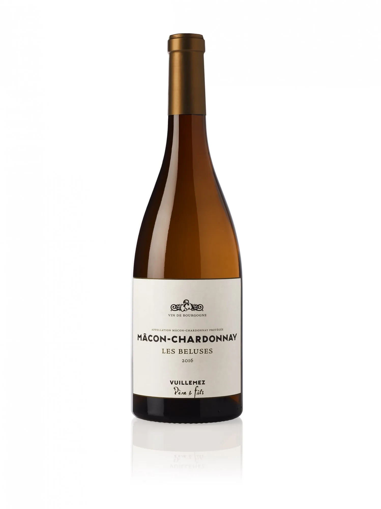 Packshot d'une bouteille de vin blanc Mâcon Chardonnay Vuillemez par Julien Bouvier